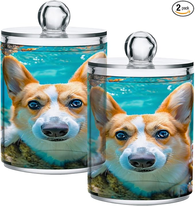 2 Pack Qtip Holder Organizer Dispenser Corgi Dog Underwater Bathroom Storage Canister Cotton Ball Holder Container for Cotton Pads/Swabs/Floss-CasaMuseHome