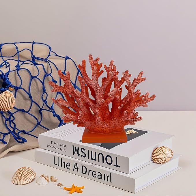 5.8" H Red Orange Coral Decor - Resin Coral Statue, Nautical Decor for Home, Bedroom, Bathroom, Living Room, Ocean Themed Cabinet Shelf Tabletop Decoration-CasaMuseHome