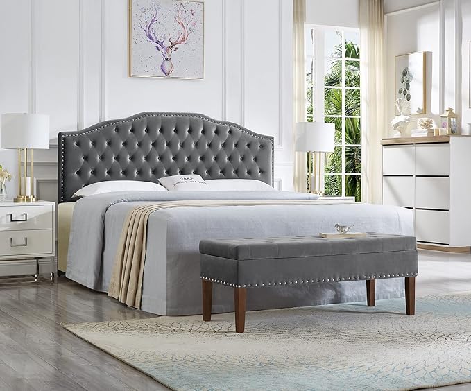 24KF Upholstered Button Tufted King Size Headboard with Nailhead Trim, Soft Velvet Fabric Headboard King/Cal King Size -Dark Gray-CasaMuseHome