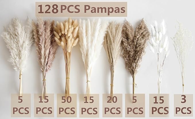 128 PCS Dried Pampas Grass Bouquet, Boho Table Decor, Bunny Tails Dried Flowers, Brown Pampas, White Pampas Grass for Weddings, Home Decor, Rustic Parties, and Baby Shower Decorations-CasaMuseHome