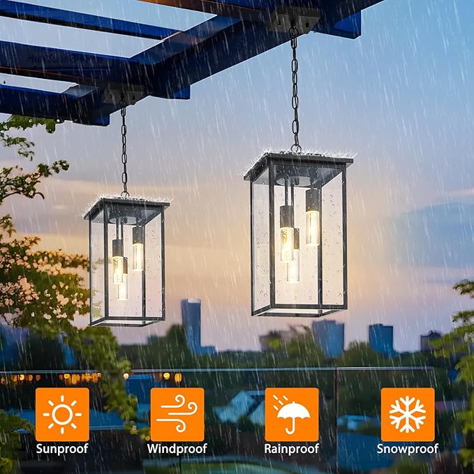 3-Color LED Outdoor Pendant Light with Remote, 3-Light 19" Large Outdoor Chandelier for Porch, Black Exterior Pendant Lighting Fixture Ceiling Mount Pendant Lantern for Patio Front Door-CasaMuseHome