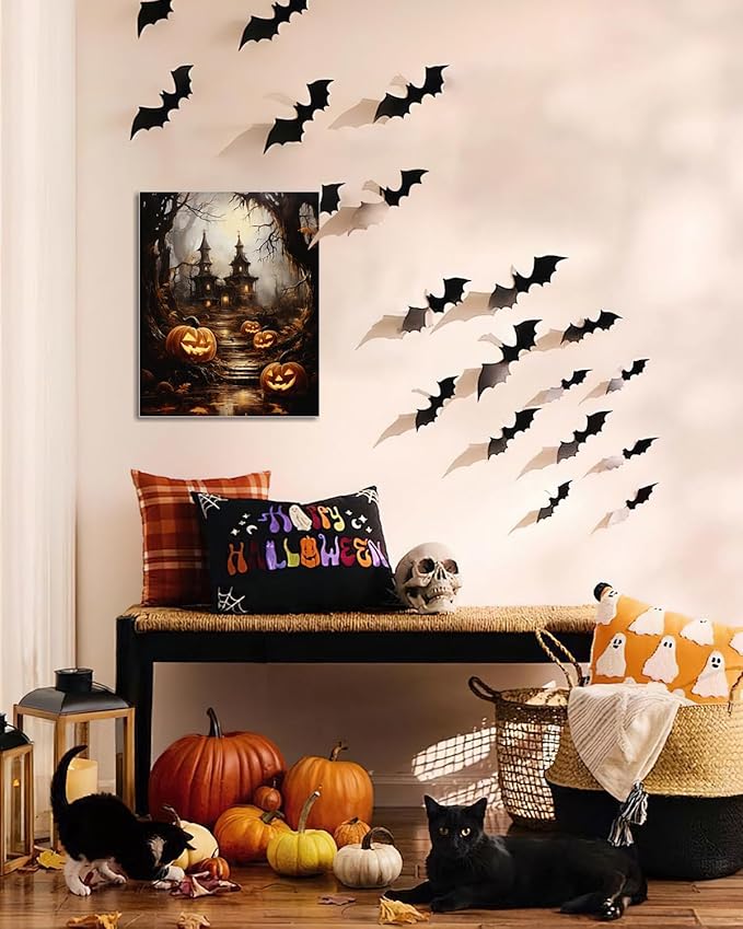 AbcCustomize Halloween Canvas Wall Art - Spooky Haunted House & Eerie Pumpkins Poster, Gothic Fall Decorations for Home, Vintage Halloween Decor Indoor for Living Room, Bedroom & Party-CasaMuseHome