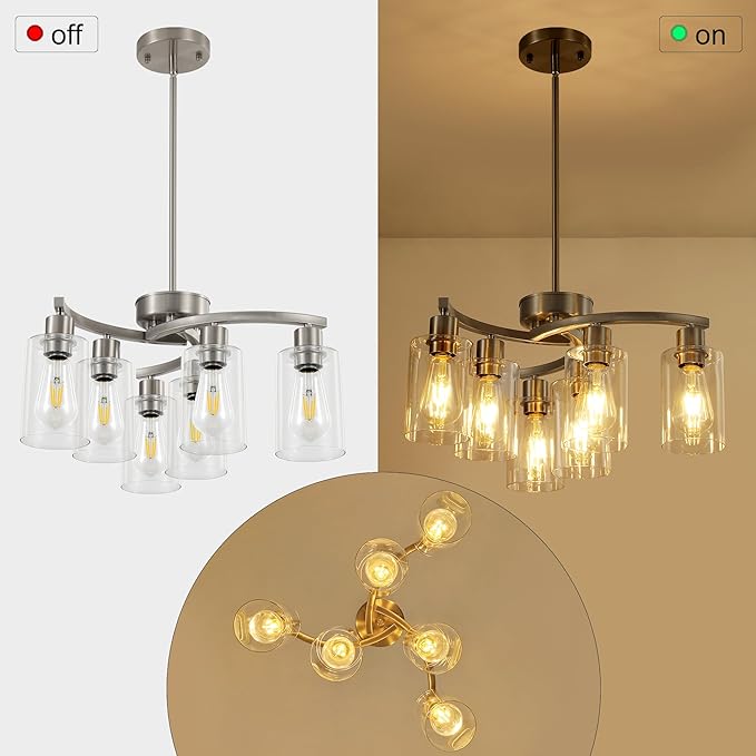 6 Light Modern Brushed Nickel Pendant Light Fixture For Dining Room，Contemporary Kitchen Light Fixtures Brushed Nickel，Adjustable Height Farmhouse Dining Chandeliers Over Table，With Glass Shade-CasaMuseHome