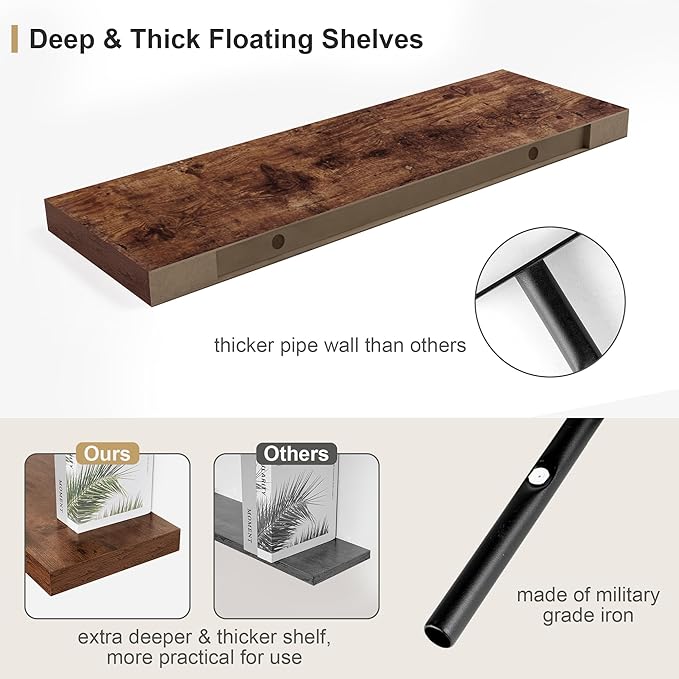 12" Deep Rustic Brown Floating Shelves,Over Toilet Long Wall Mounted Modern Farmhouse 36 inches,Wall Shelves with Invisible Brackets for Bedroom, Bathroom, Living Room, Kitchen, Set of 1-CasaMuseHome