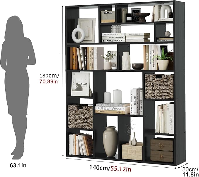 71” Tall Open Black Bookcase with Baskets, Free-Standing 6-Tier Wooden Display Storage Bookshelves with 16 Irregular Cubes for Living Room, Home Decor-CasaMuseHome