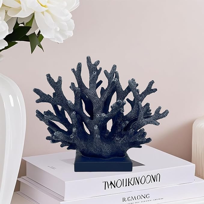 5.8" H Dark Blue Coral Decor - Resin Coral Statue, Nautical Decor for Home, Bedroom, Bathroom, Living Room, Ocean Themed Cabinet Shelf Tabletop Decoration-CasaMuseHome
