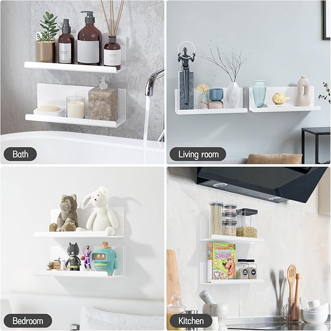 Acrylic Wall Floating Shelves Set of 2, Wall Shelves White 12 Inch Adhesive Wall Organizer Adhesive Shelf for Bathroom, Kitchen, Bedroom, Office, Gaming Room, No Damage, No Drill-CasaMuseHome