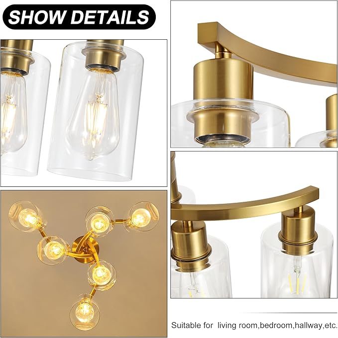 6-Light Gold Chandeliers for Dining Room, Modern Kitchen Island Light Fixtures Over Table, Metal Hanging Pendant Lighting for Living Room Stairwell Entryway Bedroom, Clear Glass Shade-CasaMuseHome