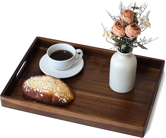 Acacia Wood Serving Tray with Handles, 17 Inch Wooden Tray for Ottoman, Breakfast, Lunch, Dinner, Decorative Rectangular Tray for Living Room, Kitchen Counter, Outdoor-CasaMuseHome