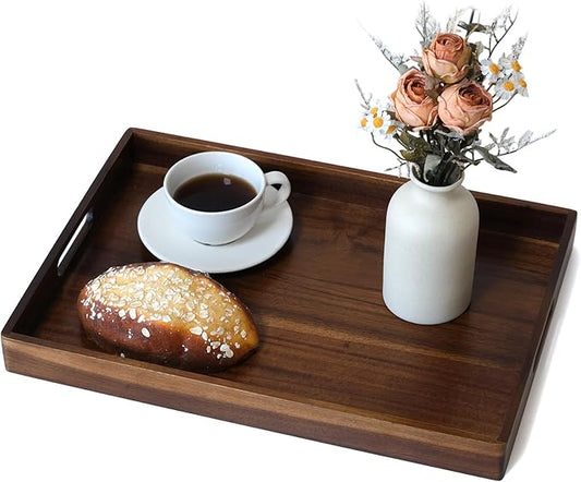 Acacia Wood Serving Tray with Handles, 17 Inch Wooden Tray for Ottoman, Breakfast, Lunch, Dinner, Decorative Rectangular Tray for Living Room, Kitchen Counter, Outdoor-CasaMuseHome