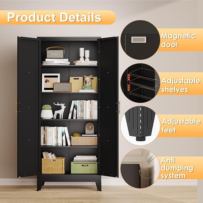 71" H Metal Kitchen Pantry Storage Cabinet, Freestanding Cupboard with 2 Doors and 4 Adjustable Shelves, Standing Storage for Kitchen, Bathroom, Garage, Dinning Room or Utility Room（Black）-CasaMuseHome