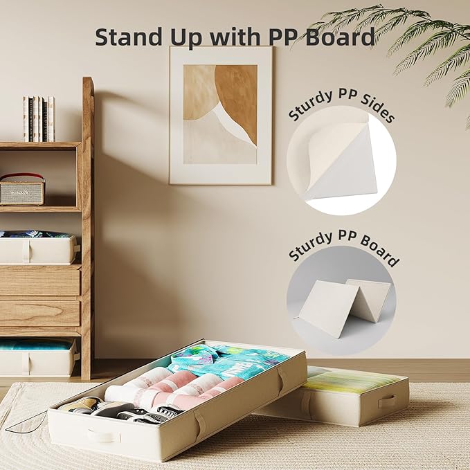2-Pack Under Bed Storage, 6 Inches Tall Closet Organizers and Storage Bins with Sturdy Sidewalls/Bottom/4 Handles, Beige-CasaMuseHome