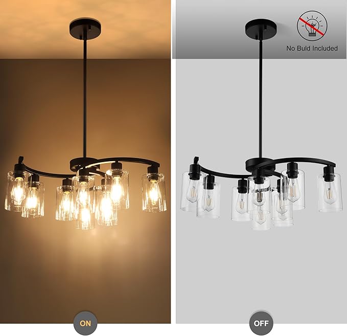 9-Light Black Modern Chandeliers for Dining Room, Adjustable Height Farmhouse Kitchen Island Lighting, Industrial Hanging Light Fixtures for Living Room Bedroom, Clear Glass Shade-CasaMuseHome