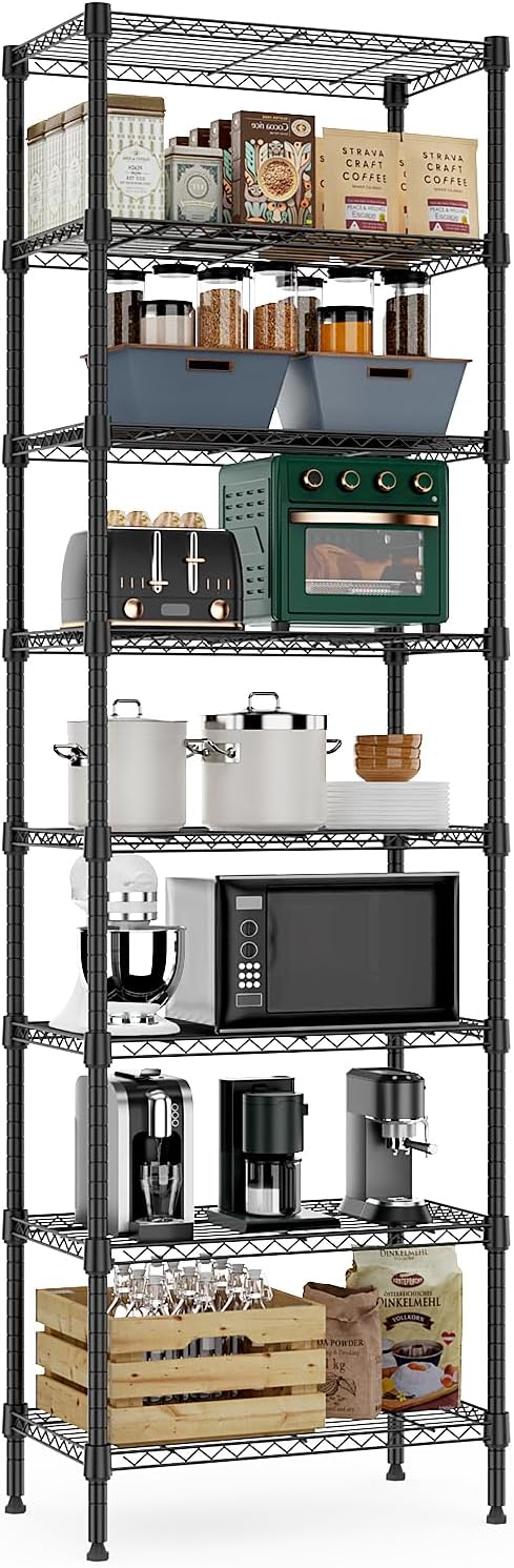 8 Tier 2000 lbs Storage Rack Metal Wire Shelving Unit, Storage Standing Shelf Organizer for Laundry Bathroom Kitchen Pantry Closet Garage Basement Utility Room, Black 13.8" D x 23.6" W x 79.5" H-CasaMuseHome