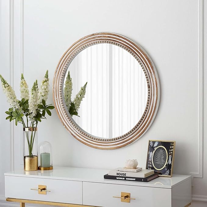 24 Inch Rustic Round Mirror - Farmhouse Vintage Bathroom Vanity Mirror, Wall-Mounted Round Mirrors for Bathroom Sink, Bedroom & Living Room and Framed Decorative Restroom Mirror-CasaMuseHome