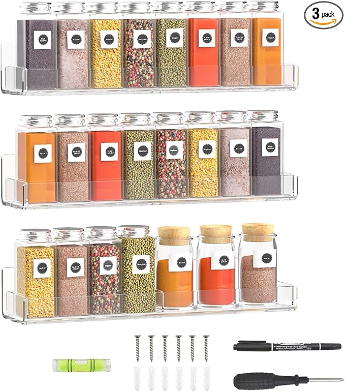 15 Inch Acrylic Spice Rack Wall Organizer Set of 3, Clear Acrylic Wall Shelf for Home Organizer, Floating Shelf for Bottle Display, Jars, Spice, Wine, Books, Toiletries-CasaMuseHome
