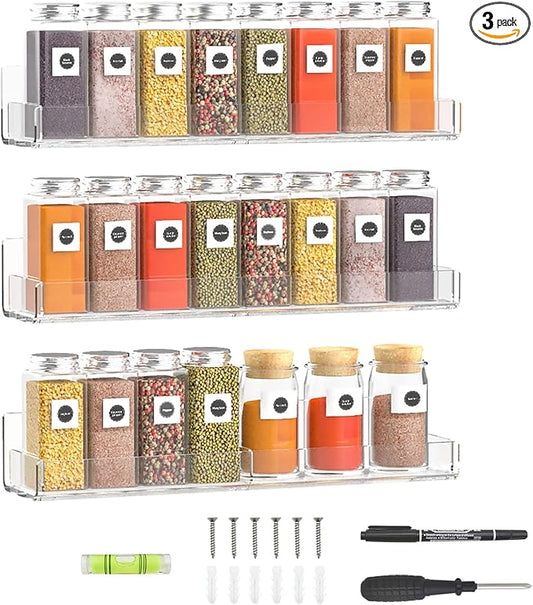 15 Inch Acrylic Spice Rack Wall Organizer Set of 3, Clear Acrylic Wall Shelf for Home Organizer, Floating Shelf for Bottle Display, Jars, Spice, Wine, Books, Toiletries-CasaMuseHome