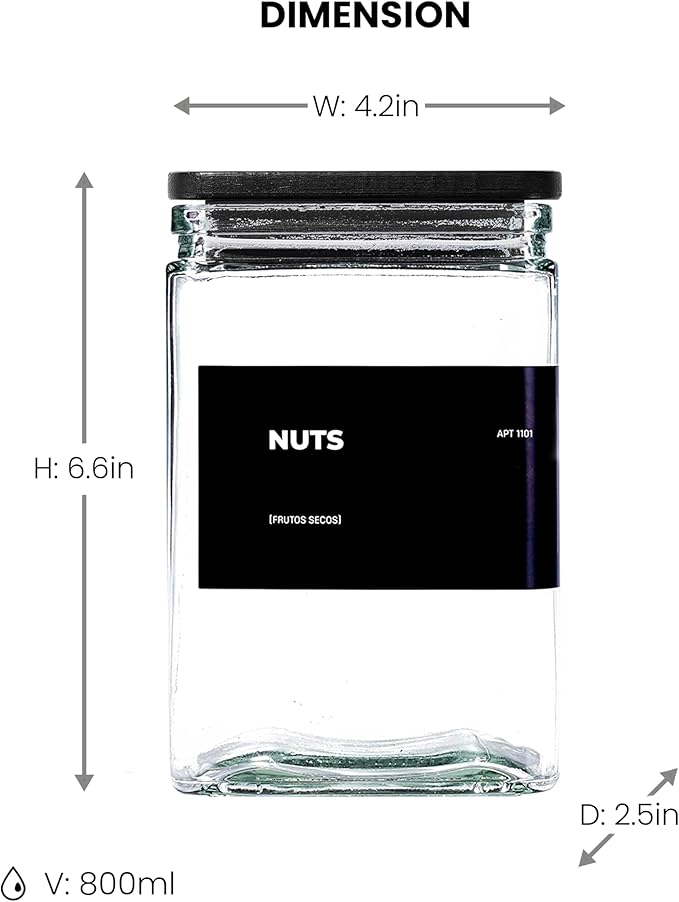 27 oz Glass Storage Jars with Bamboo Lid, set of 6, glass canisters with airtight lids, Clear jars with lids for Cookie, Candy, Tea, Coffee Bean and Rice, Black-CasaMuseHome