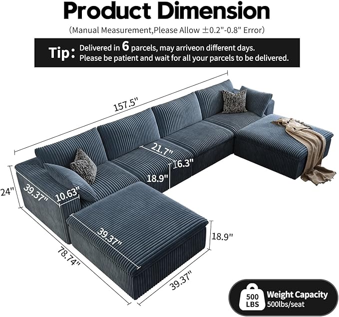 157.5" Cloud Couch Oversized Modular Sectional Sofa for Living Room,Modern Sofa with Deep Seat，U-Shape Boneless Couch with 2 Ottoman,Comfy Upholstered Couches for Apartment, Studio, Office,Blue-CasaMuseHome