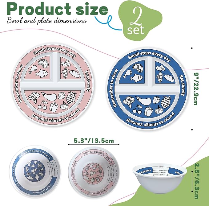 4 Pcs Portion Control Plates & Bowls Set (2 Plates + 2 Bowls, 9 Inch) - Self-Measuring for Weight Loss, Gastric Bypass, LapBand, Diabetes & Healthy Diets, Pink & Blue, for Adults & Children-CasaMuseHome