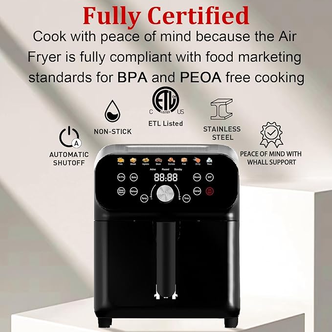 6QT Air Fryer Oven with LED Digital Touchscreen, 12 Preset Cooking Functions Air fryers, Bake, Reheat, Keep Warm, Nonstick and Dishwasher-Safe Basket, Stainless Steel/Black-CasaMuseHome
