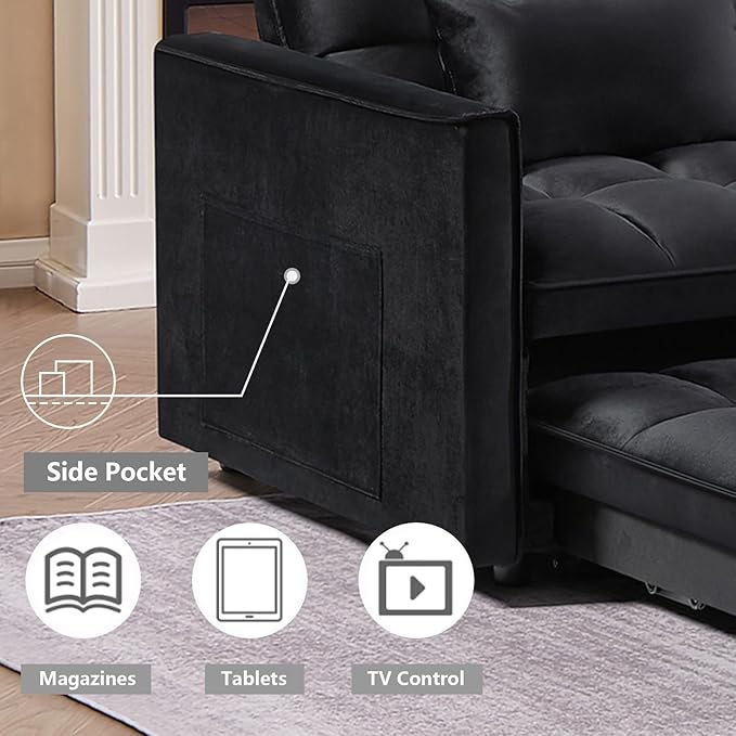 3 in 1 Convertible Sleeper Sofa Bed,Futon Loveseat Couch with Pull-Out Bed & Adjustable Backrest,Velvet Fabric Sofa with Side Pocket for Small Apartment, Living Room, Office (Black)-CasaMuseHome