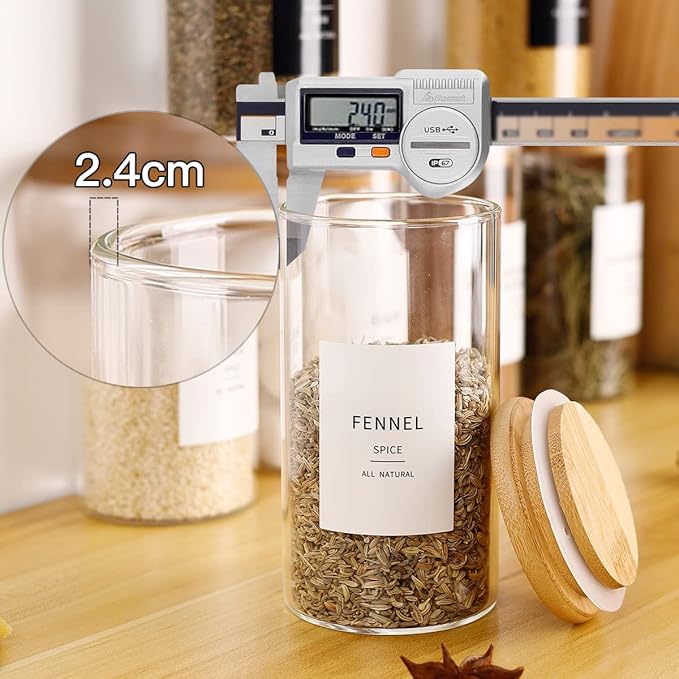 12 Pcs Glass Spice Jars With 296 Spice Labels Preprinted of White and Black Color- 10oz Thicken(2.4mm) Spice Containers With Bamboo Airtight Lids - Empty Small Herb Seasoning Jars-CasaMuseHome