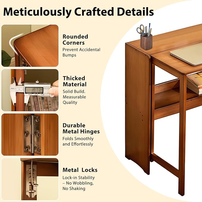 39.37" Bamboo Folding Desk,Space-Saving Computer Desk for Small Spaces, Foldable Study Table for Bedroom, Home Office, Dorm, Apartment (Brown)-CasaMuseHome