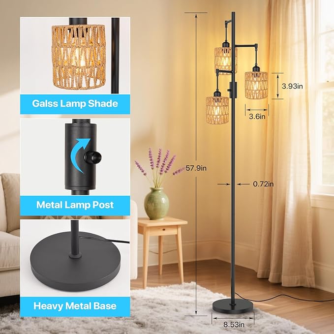 3-Light Boho Floor Lamp for Living Room, Rattan Wicker Standing Lamp Palm Tree Design, Farmhouse Coastal Floor Light with Woven Shade, Tall Bohemian Lamp-CasaMuseHome