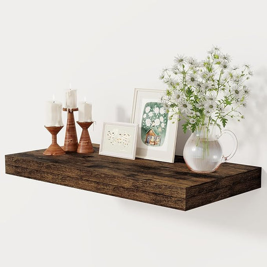 12 Inch Deep Floating Shelves, 24 x 12 Floating Shelf for Books, Rustic Wood Deep Wall Shelves for Home Storage & Display, 2" Thicked Shelves for Kitchen, Living Room, Bedroom, Rustic Brown, 1 Pack-CasaMuseHome
