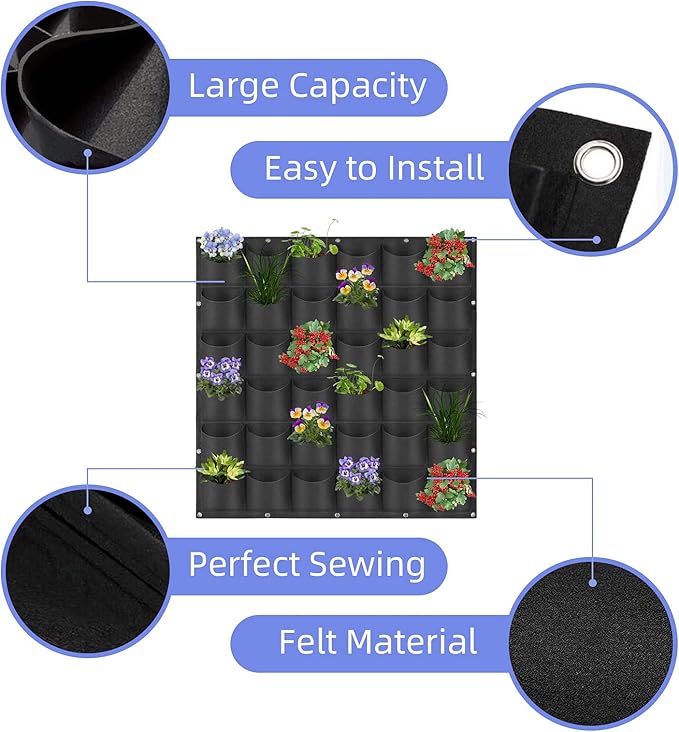 36 Pockets Hanging Planter Bags, Hanging Vertical Wall Mounted Plant Planting Grow Bags, Herb Garden Planter Outdoor Indoor Growing Bag, Gardening Vertical Greening Flower Container(1m×1m, Black)-CasaMuseHome