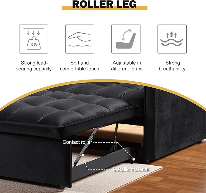 3 in 1 Convertible Sleeper Sofa Bed, Velvet Pull Out Sofas Beds with Side Pocket, 54” Adjustable Backrest Futon Sofa Bed, Love Seat Sleepers Couch for Living Room, Bedroom, Small Space, Black-CasaMuseHome