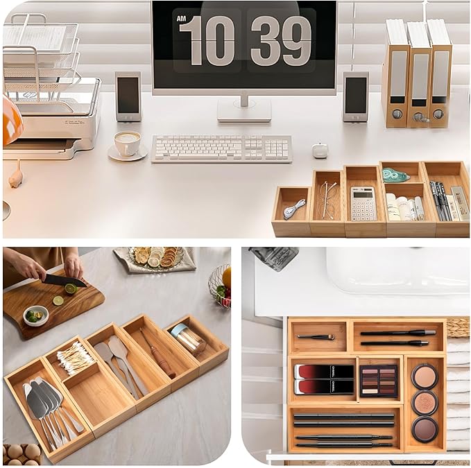 Bamboo Drawer Organizer 5 Pcs for Kitchen Multi-purpose Storage Dividers for Kitchen, Office, Jewelry, Cosmetics, Wooden Drawer Dividers for Drawer Organizer Desk Organizer Gift for Women Gifts Idea-CasaMuseHome