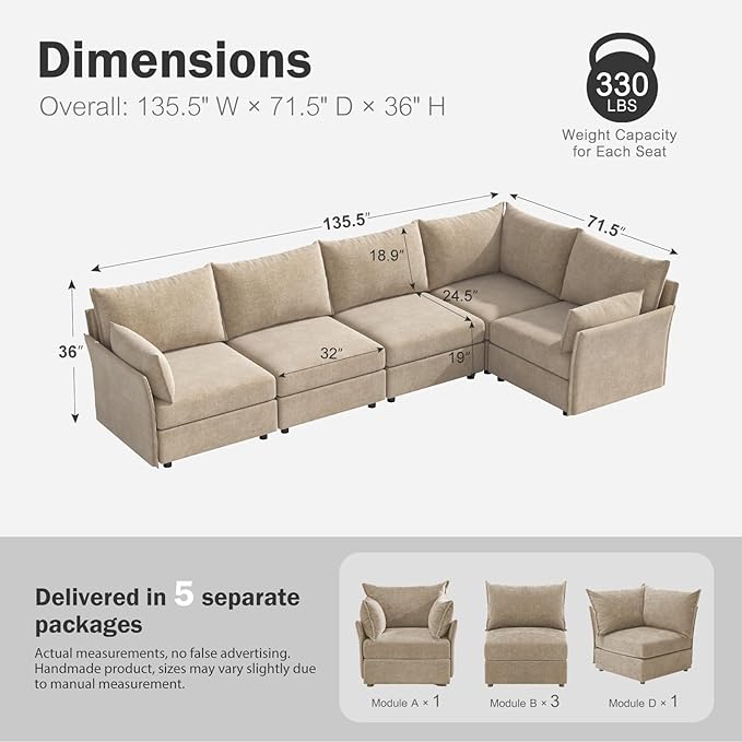 135.5" Oversized Modular Sectional Sofa, L Shaped Convertible Couch with Movable Ottoman, 5 Seat Corner Couches for Living Room Deep Seat Beige Chenille-CasaMuseHome