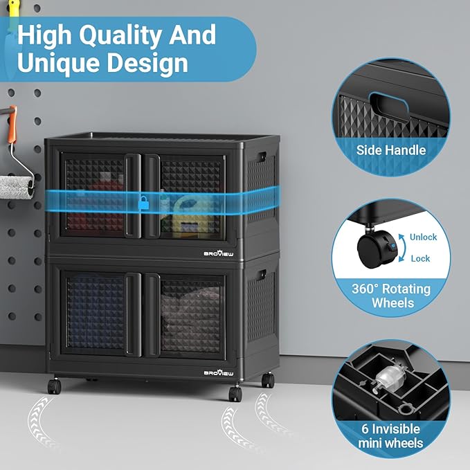 500Qt Stackable Storage Bins with Lids, 125Gal Closet Organizers and Storage Drawer, Plastic Collapsible Storage Bins with Doors, Heavy Duty Store Box Cabinet for Home Kitchen, 5Pack Black-CasaMuseHome