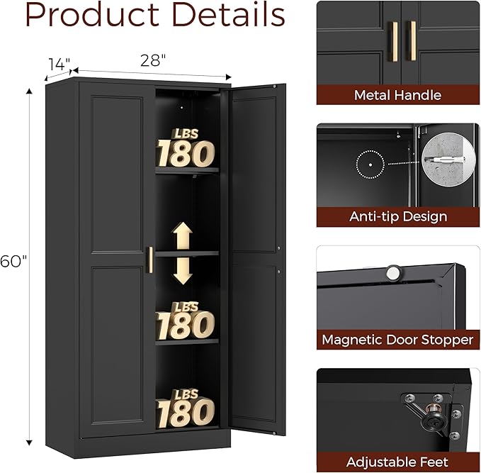 60" Tall Metal Pantry Cabinet, Black Kitchen Pantry Storage Cabinet with Doors and 3 Adjustable Shelves, Cupboard for Kitchen, Dining Room, Living Room, Bathroom-CasaMuseHome