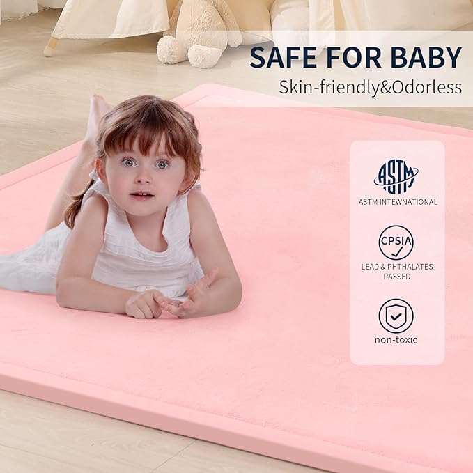 ACOMOPACK Baby Play Mat for Floor 1.3" Thick Memory Foam Play Mat 39"×59" Tummy Time Crawling with Non-Slip Bottom for Living Room,Nursery,Soft Velvet Playpen Mats for Kids,Infants（Pink）-CasaMuseHome