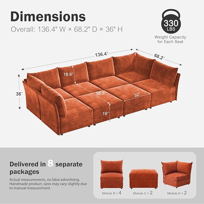 136.4" Oversized Modular Sectional Sleeper Sofa Bed, U Shaped Convertible Couch with Movable Ottoman, Large 8 Seat Corner Couches for Living Room Deep Seat Terracotta Orange Chenille-CasaMuseHome
