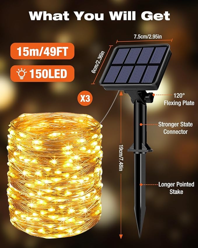 3 Pack Solar Fairy Lights for Outside Waterproof, Total 147FT 450 LED Solar String Lights Outdoor 8 Modes Solar Twinkle Lights for Garden Yard Christmas Tree Wedding Party Decor, Warm White-CasaMuseHome