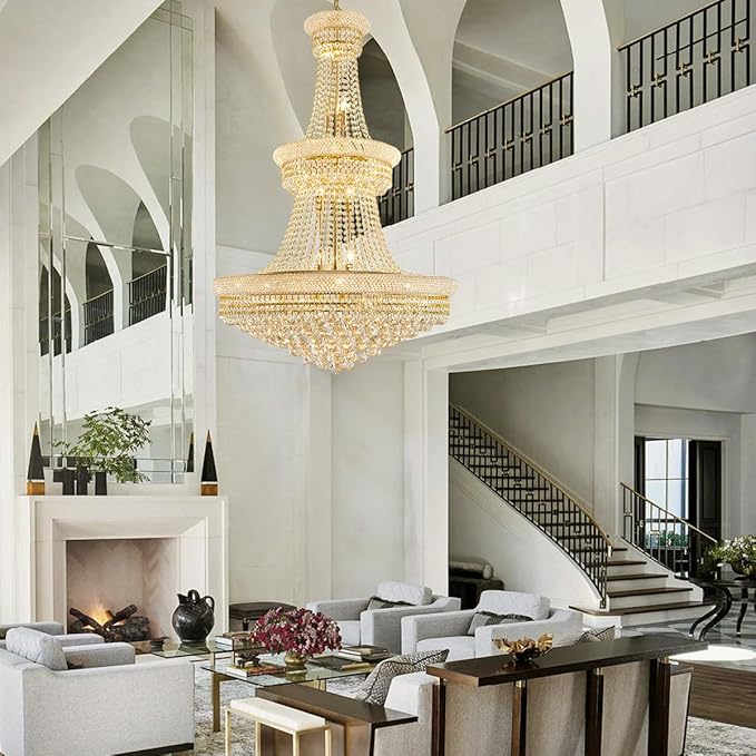 19-Lights High Ceiling Chandelier Modern Gold Crystal Chandeliers Large Foyer Chandelier Fixtures for Staircase Living Room Hallway Entryway (H47 x W31.5)-CasaMuseHome