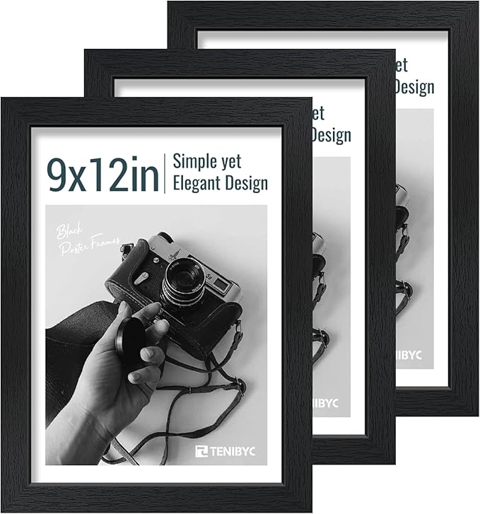 9x12 Frame 3 Pack - Black Woodgrain, 9 x 12 Picture Frame with HD Tempered Glass, Table or Wall Display-CasaMuseHome