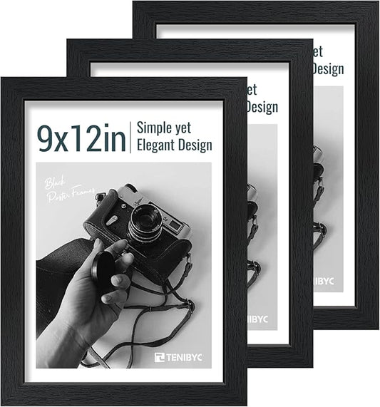9x12 Frame 3 Pack - Black Woodgrain, 9 x 12 Picture Frame with HD Tempered Glass, Table or Wall Display-CasaMuseHome