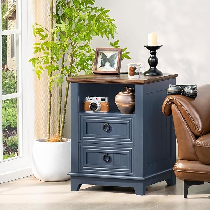 18" Farmhouse Night Stands Set of 2 with Charging Station, 2 & 3 Drawers End Table Dresser for Bedroom, Blue Wooden Nightstand, Bed Side Table with Open Shelf, Bedside Cabinet for Living Room-CasaMuseHome