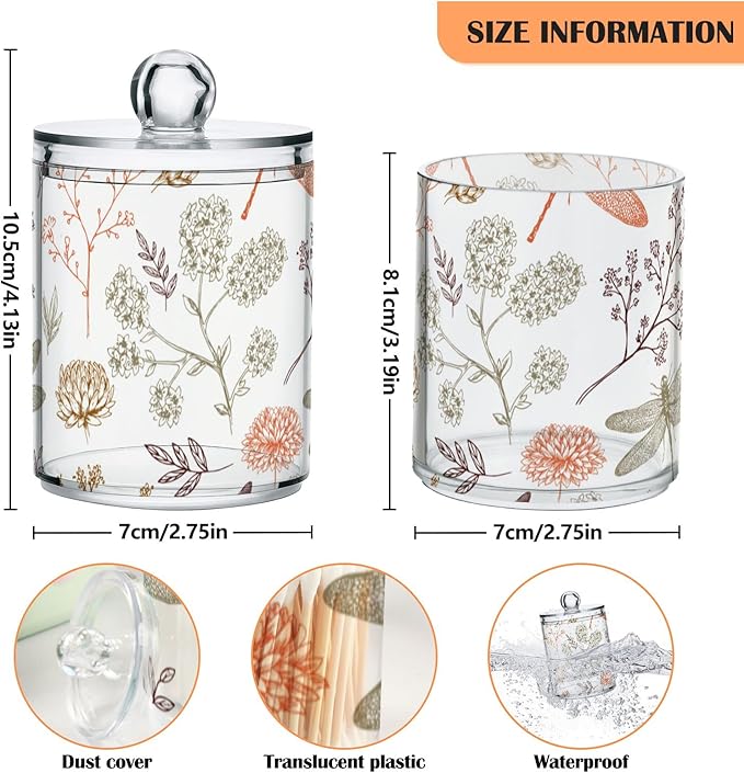 2 Pack Qtip Holder Organizer Dispenser Dragonfly Pattern Bathroom Storage Canister Cotton Ball Holder Container for Cotton Swabs/Pads/Floss-CasaMuseHome