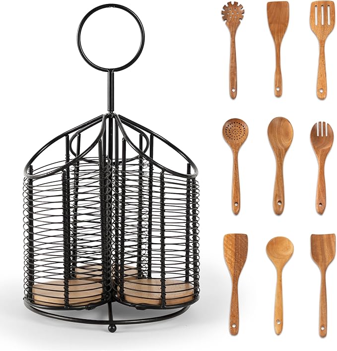 360° Rotating Kitchen Utensil Holder- 3 Compartment Organizer with Cork Bottoms | Includes Premium 9-Piece Acacia Wood Utensil Set | Professional & Home Luxury Design | Metal Utensil Crock (Black)-CasaMuseHome