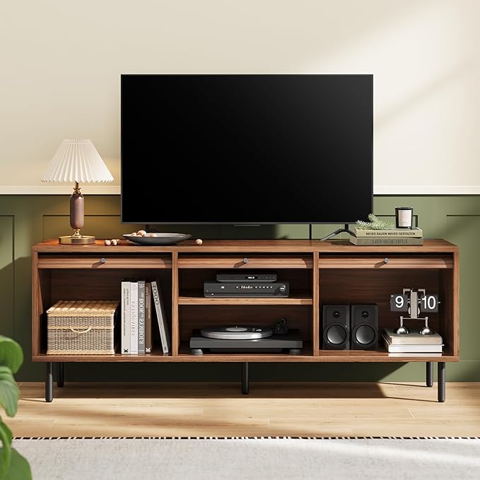 59 Inch TV Stand with Power Outlet for TVs up to 65 Inch, Entertainment Center with Storage, Mid-Century Modern TV Console, Adjustable Shelf & Sliding Doors, TV Stand for Living Room, Bedroom, Walnut-CasaMuseHome