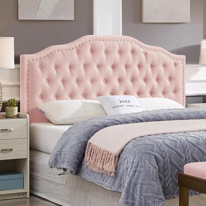 24KF Upholstered Button Tufted Queen Headboard with Nailhead Trim, Elegant Boucle Fabric Full headboard, 6031-Q-Boucle-Pink-CasaMuseHome