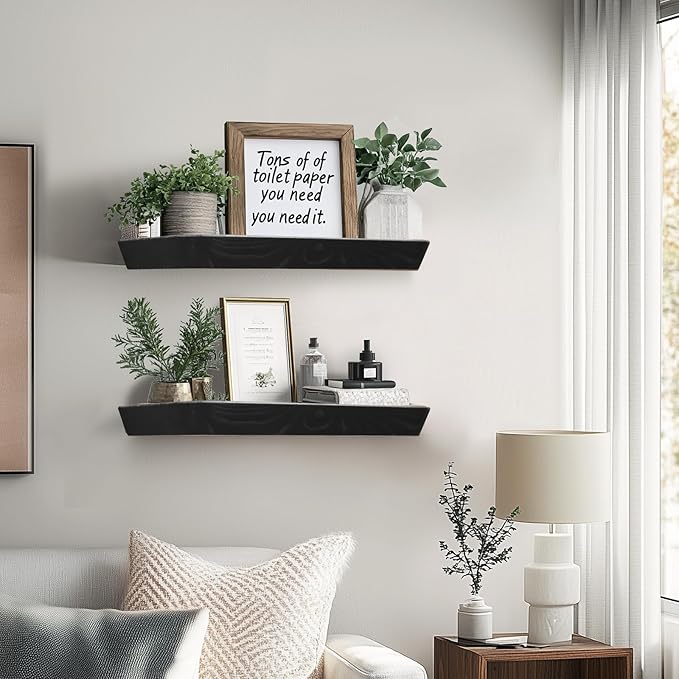 16"x6.8"x1.6" Slanted Floating Wall Shelves 2-Pack - Rustic Black Finish, Heavy-Duty Solid Wood Design with Hidden Brackets - Perfect for Living Room, Kitchen, Bathroom, or Office-CasaMuseHome