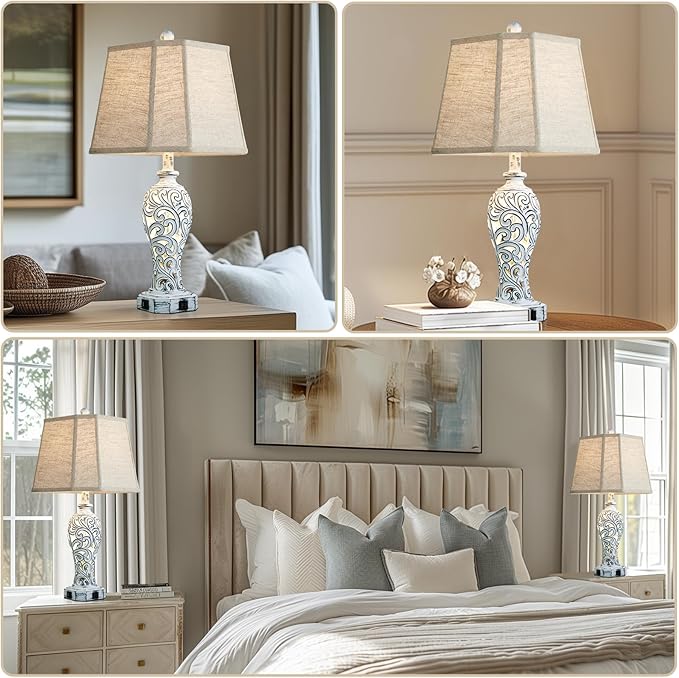25'' Farmhouse Table Lamps Set of 2 for Living Room Bedroom, 2 USB Ports Rustic Vintage Nightstand Table Lamp with Nightlight, Hollow Out Resin Lamp for End Table (Bulbs Included)-CasaMuseHome
