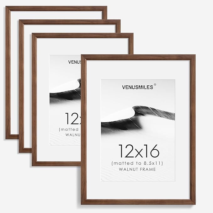 12x16 Picture Frame Set of 4 Natural Solid Walnut Photo Frames with 8.5x11 Removable Mat Wall Hanging Large Handcrafted Frame with HD Plexiglass Wall and Tabletop Display Large Poster Frame-CasaMuseHome
